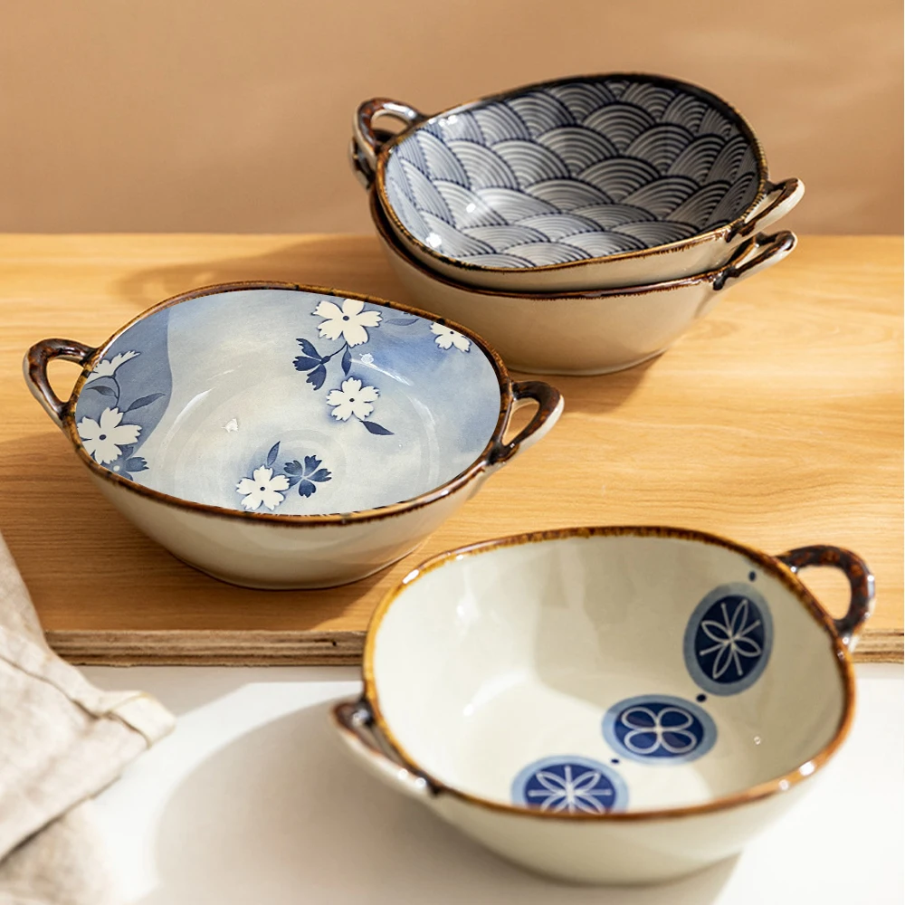 7.5 Inch Japanese Household Noodle Bowl Ceramic Soup Bowl With Handle Soup Bowl Anti-Scald and Non-Slip Noodle Bowl Salad Bowl