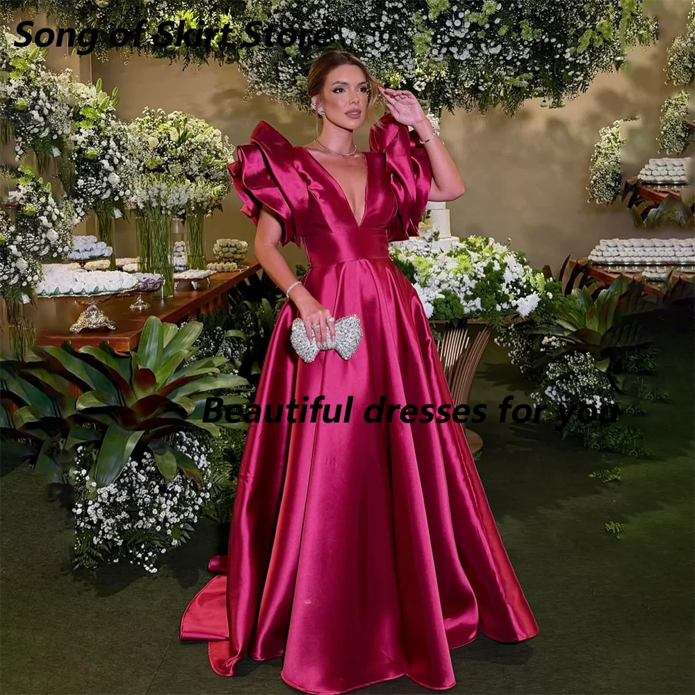 Fuchsia Formal Party Dresses Customized V-Neck Short Sleeves A Line Ball Gown Prom Dresses Elegant Pleat Satin Evening Gown