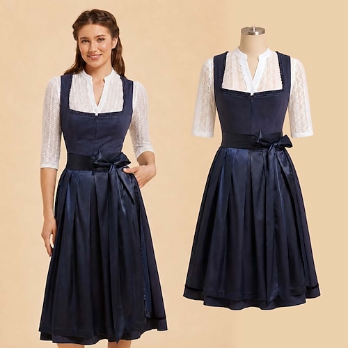 Oktoberfest Robe Dirndl Ensemble Dirndl Blouse Dirndl Longueur midi Tablier aspect satiné avec poches Décolleté balconnet Femme de ménage Bavarois Allemand Alpin Prairies Femmes Carnaval Fête de la