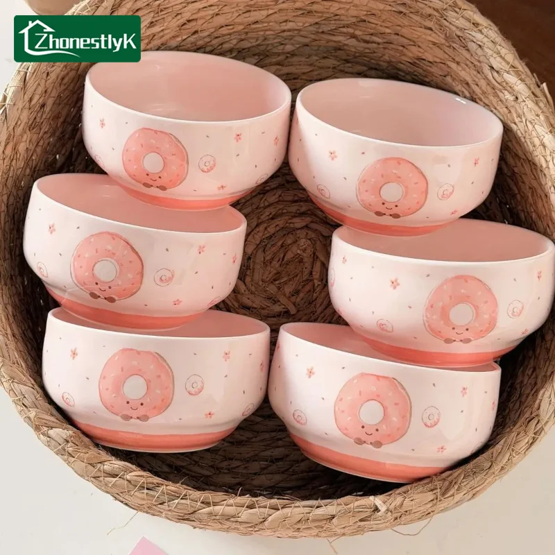 A Set of 4 Adorable Pink Donut Ceramic Tableware Cute Household Rice Bowl Eating Dishes Soup Yogurt Dessert Bowls
