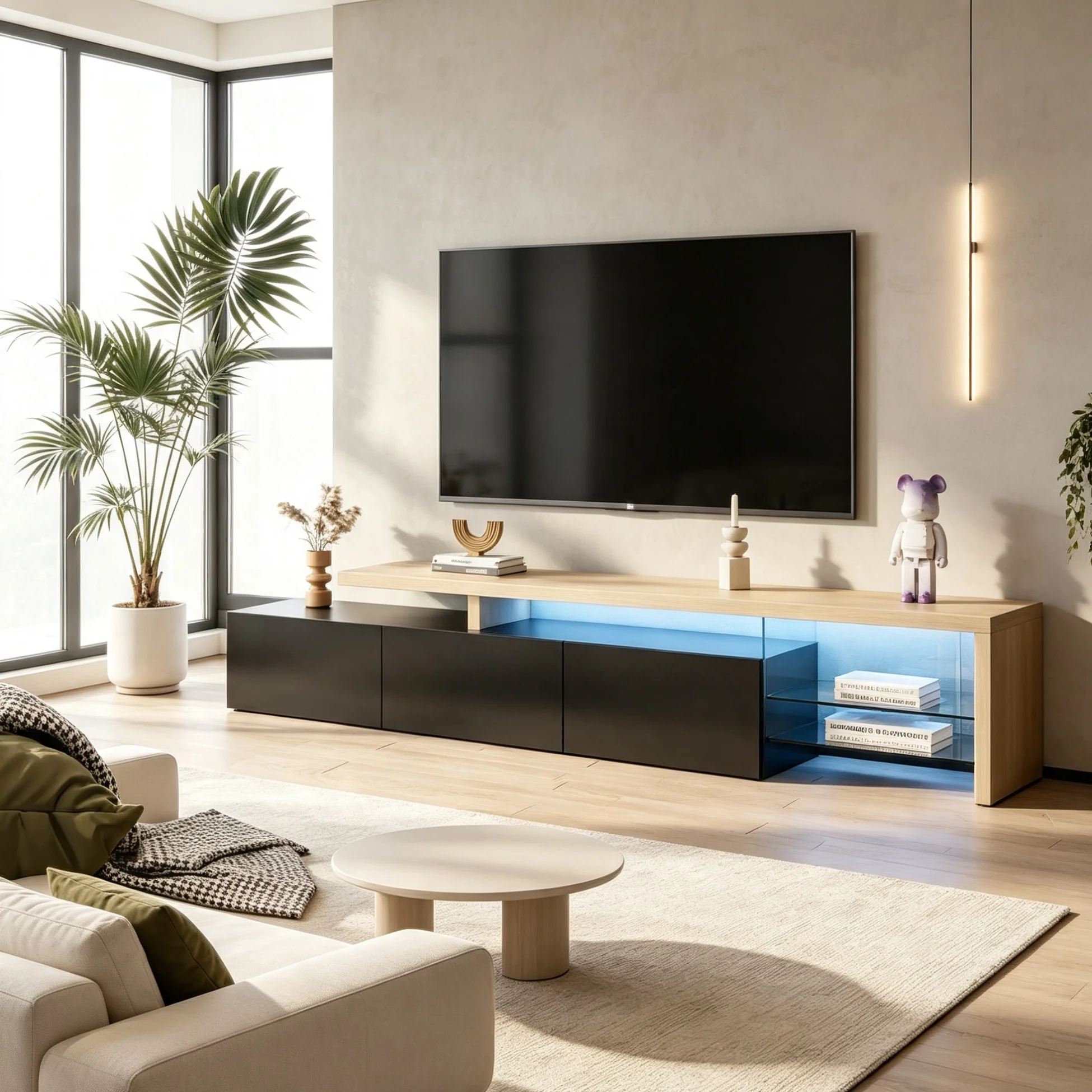 Meuble TV Anajqaqia 200x39x42 cm avec 3 portes, finition brillante, meuble TV bas avec étagères en verre, meuble TV avec espace de rangement pratique, meuble TV pour salon, noir