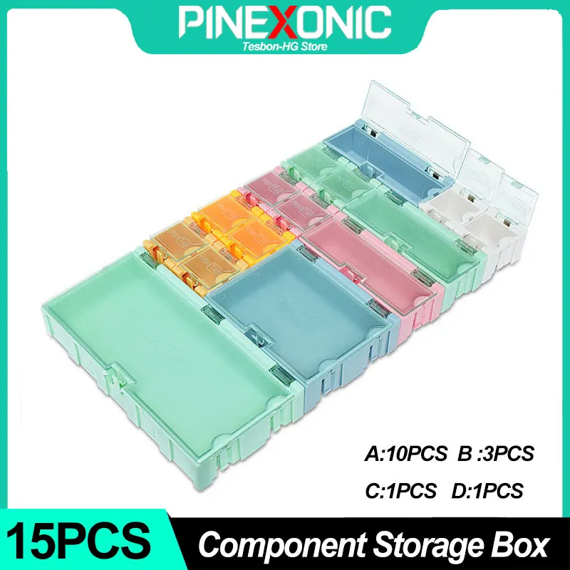 15PCS Electronic Component Storage Box Multi-grid Parts Organizer Box ESD Electronic Parts Storage Case for SMT Workshop