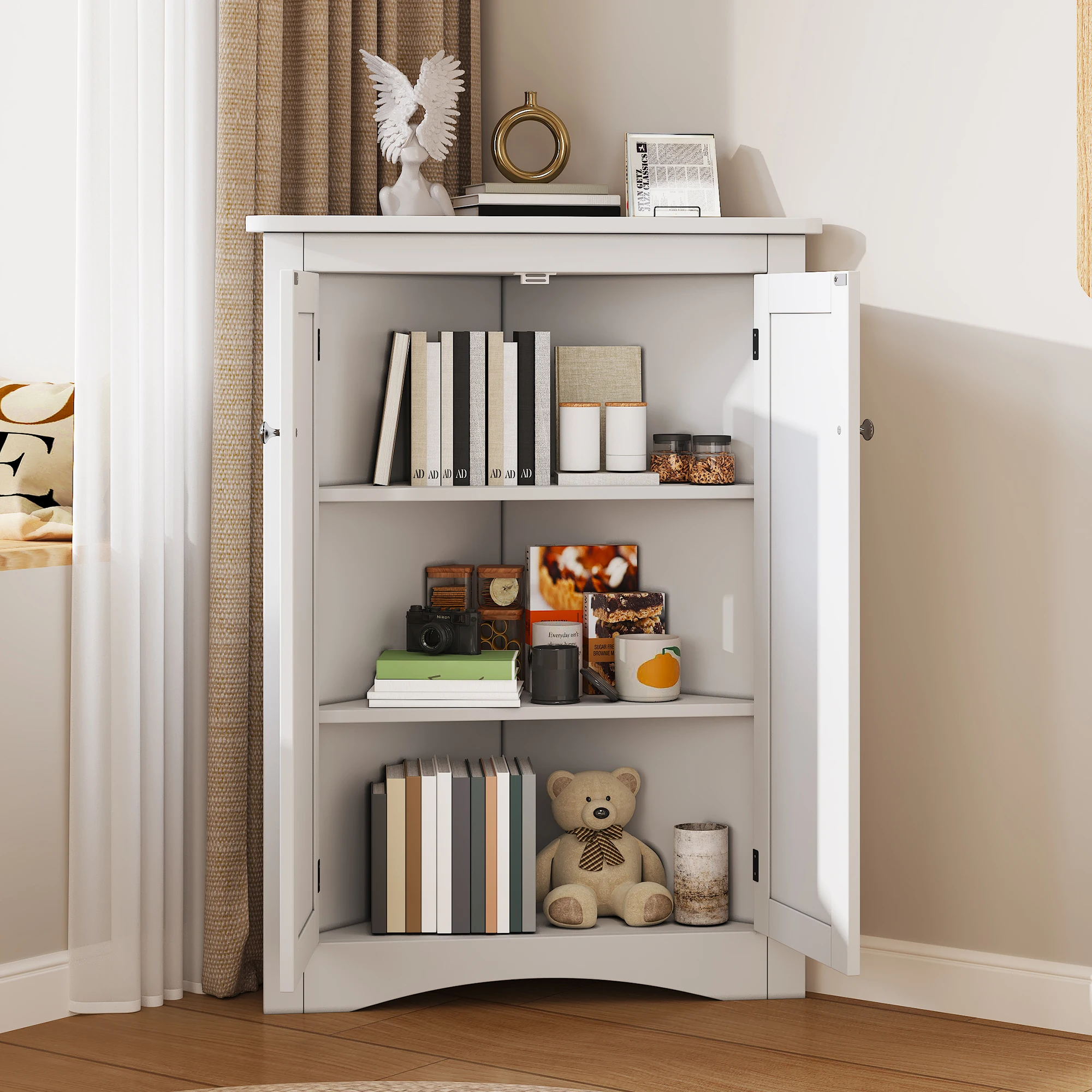 Weißer Eckschrank für Badezimmer, Küche, Wohnzimmer - Freistehender 2-türiger Dreieckiger Aufbewahrungsschrank mit 3-stufigen Regalen & Kippschutz, MDF Lackierte Oberfläche, Feuchtigkeitsbeständig,