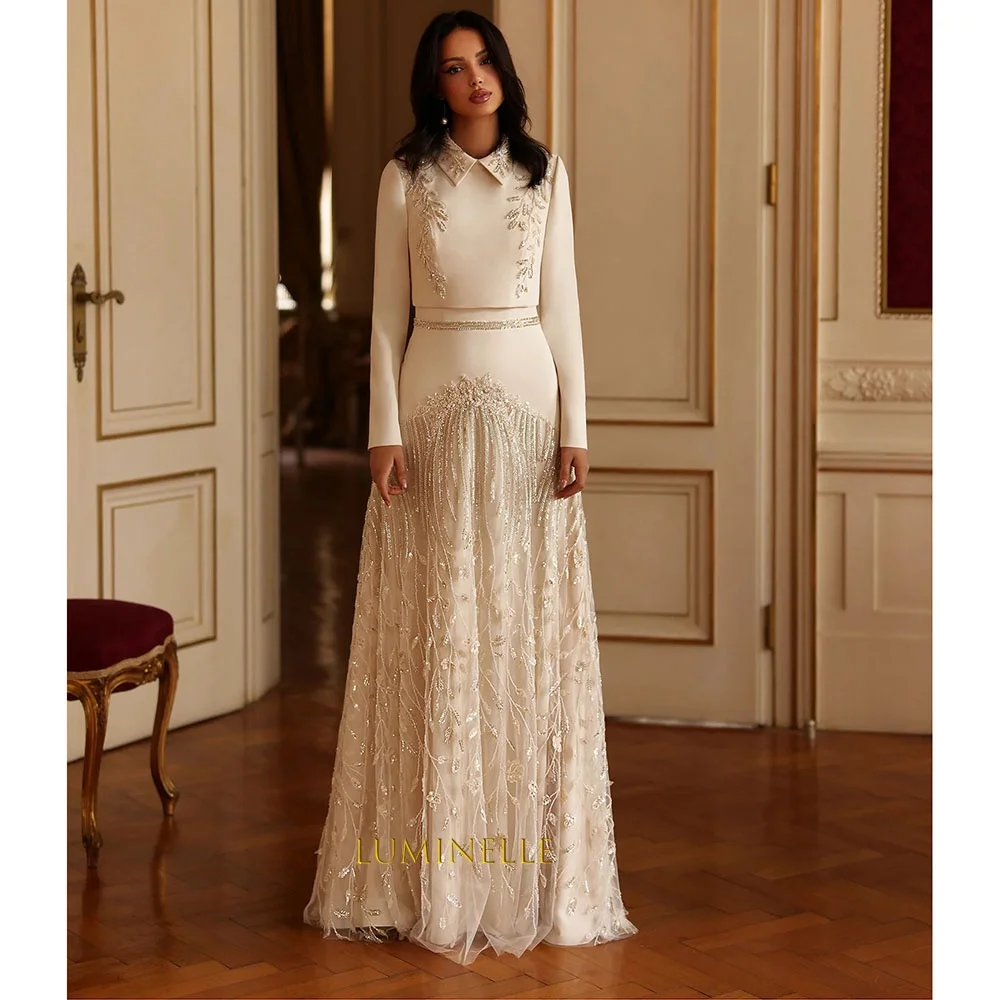 Formal Evening Dresses With Sequined Appliques Long Sleeve فساتين سهرة A-Line Empire Waist Elastic Crepe Customized Outfits