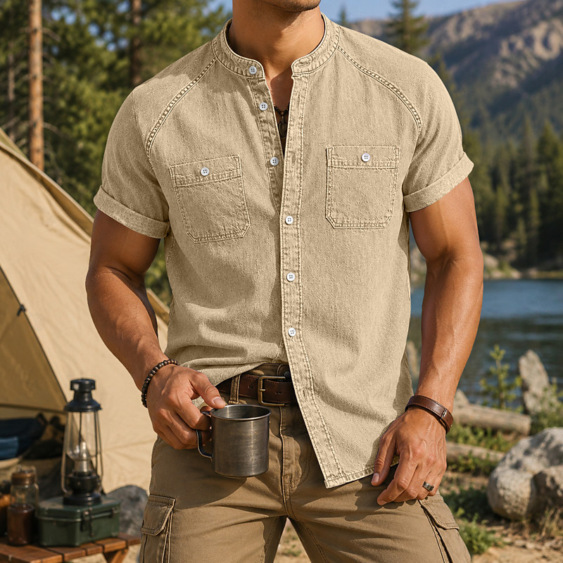 SoftFade™ Men Shirt Casual Shirt Button Up Shirt Cargo Shirt Demin Shirt Acid Wash Shirt Light Green Purple khaki Light Blue Short Sleeve Plain Shirt Collar Mandarin Collar Casual Daily Clothing