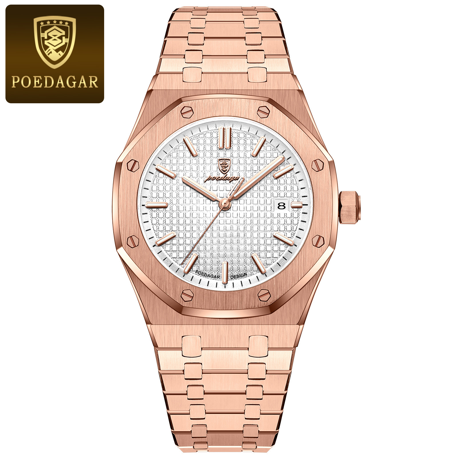 POEDAGAR Luxury Stainless Steel Quartz Watch For Men rose Gold White
