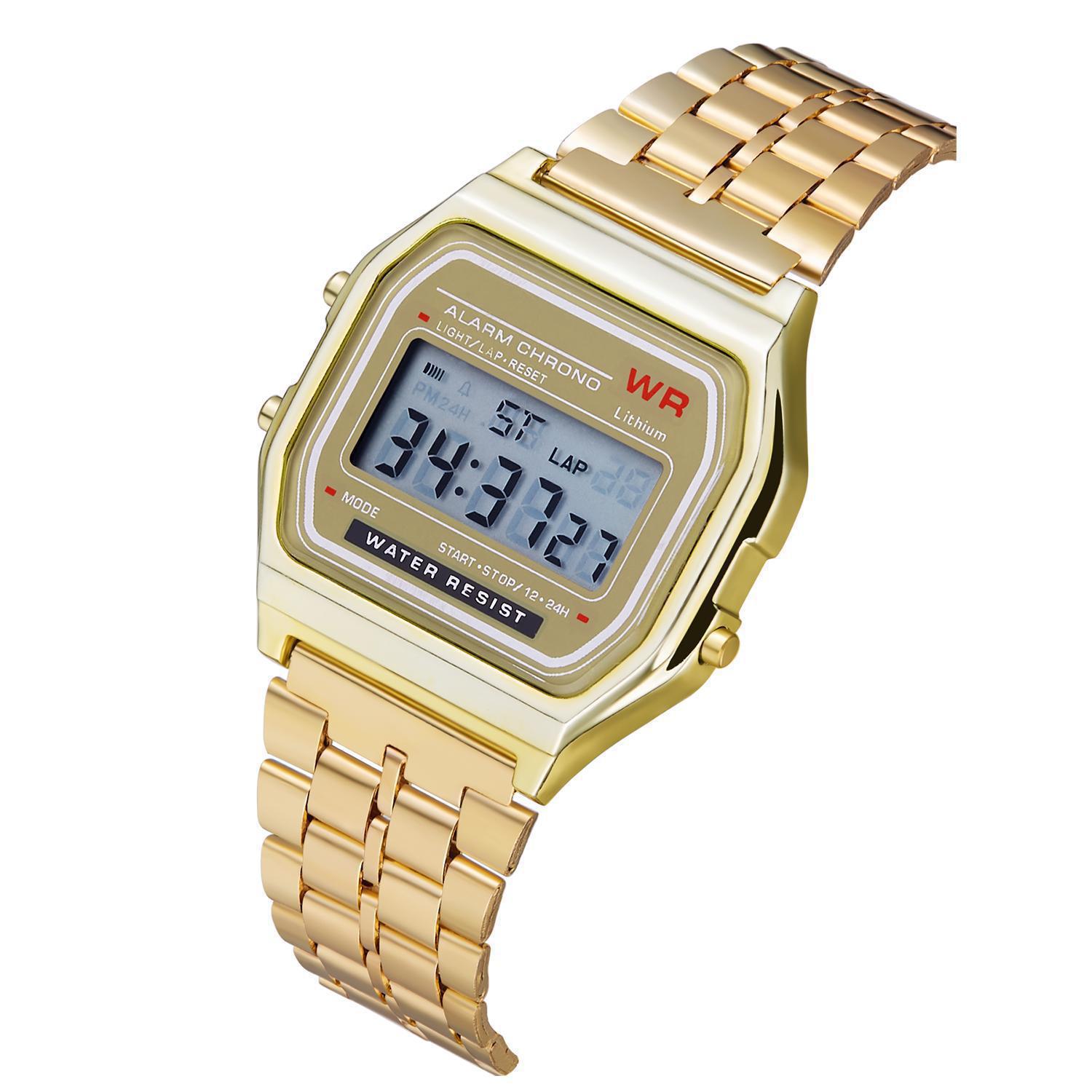Digital Watch With Stainless Steel Strap Business Sports Wrist Watch For Men & Women gold