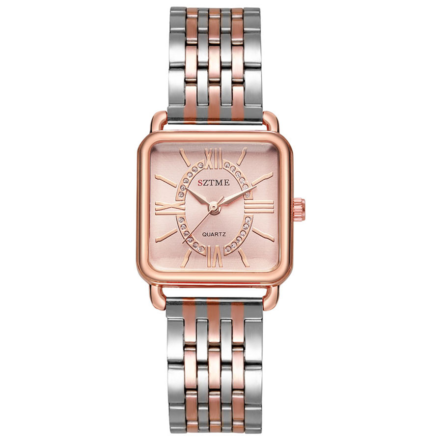 Women's Square Watch Rose Gold Stainless Steel Watch With Roman Dial Quartz Dress Watch pink