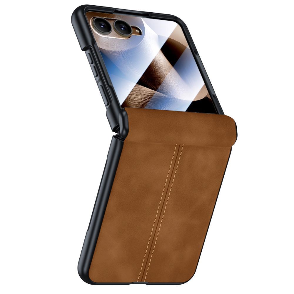 Motorola Razr 70 Ultra Leather Phone Case With Built In Screen Film Sheepskin Texture And Stitch Design For Motorola Razr 70 Ultra brown