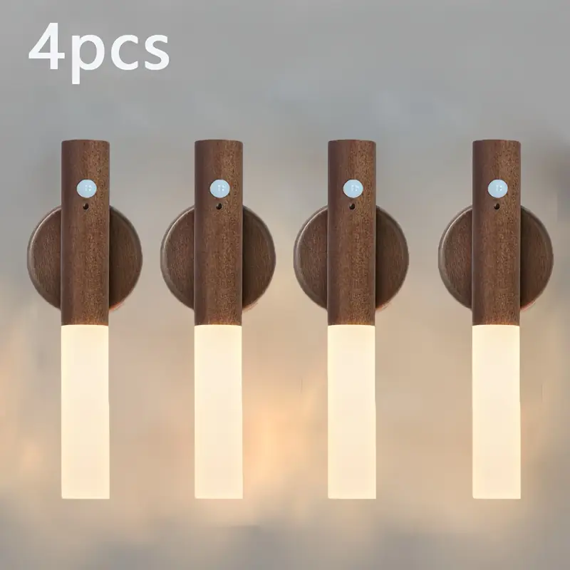 Smart Motion Sensor Night Light Rechargeable LED Magnetic Cabinet Light For Bedroom Kitchen Hallway walnut 4pcs