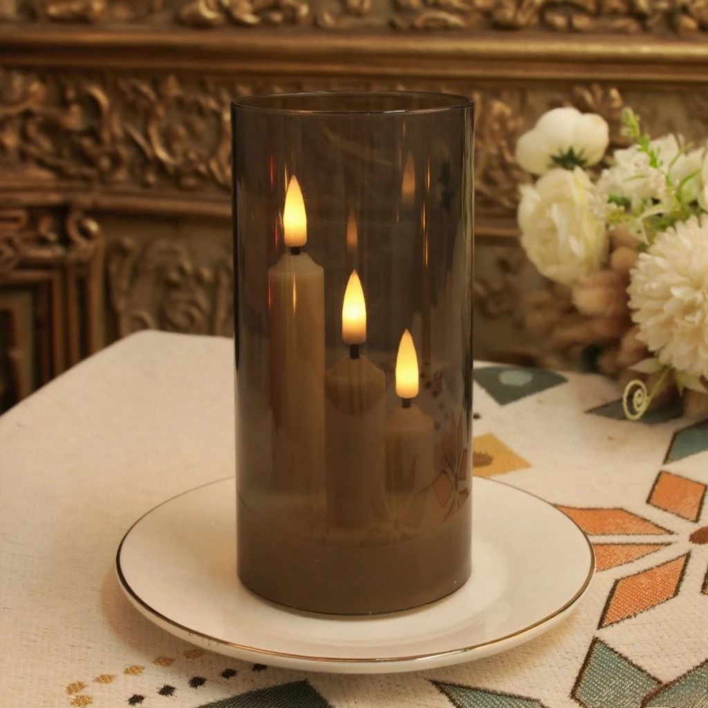 3 In 1 Flameless LED Taper & Acrylic Pillar Candles Battery Operated Flickering Night Light With Lampshade 2 Pcs grey
