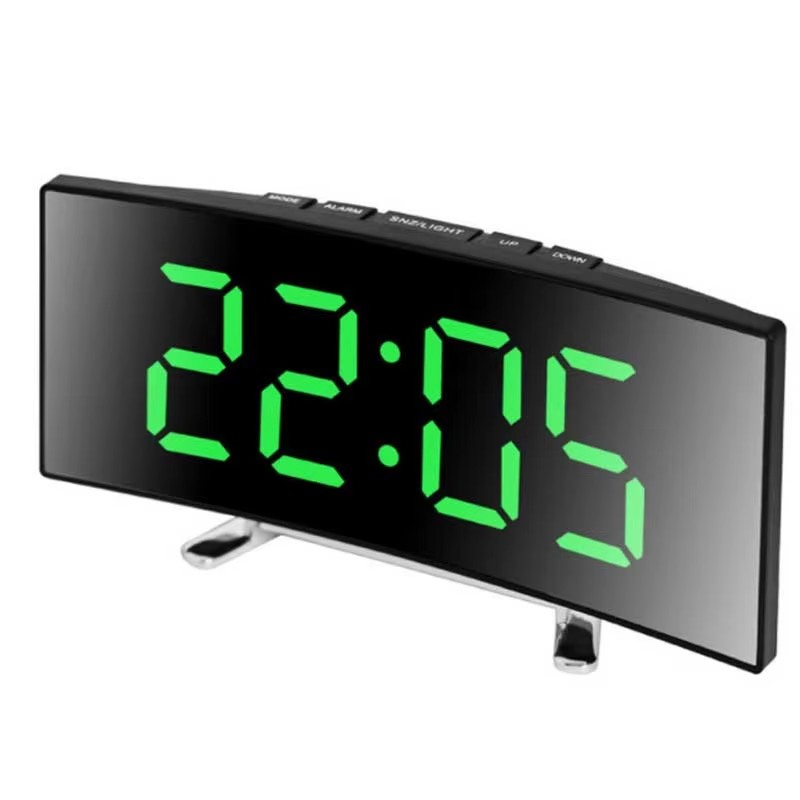 Curved LED Digital Alarm Clock With Mirror Display, Large Screen & Adjustable Brightness c