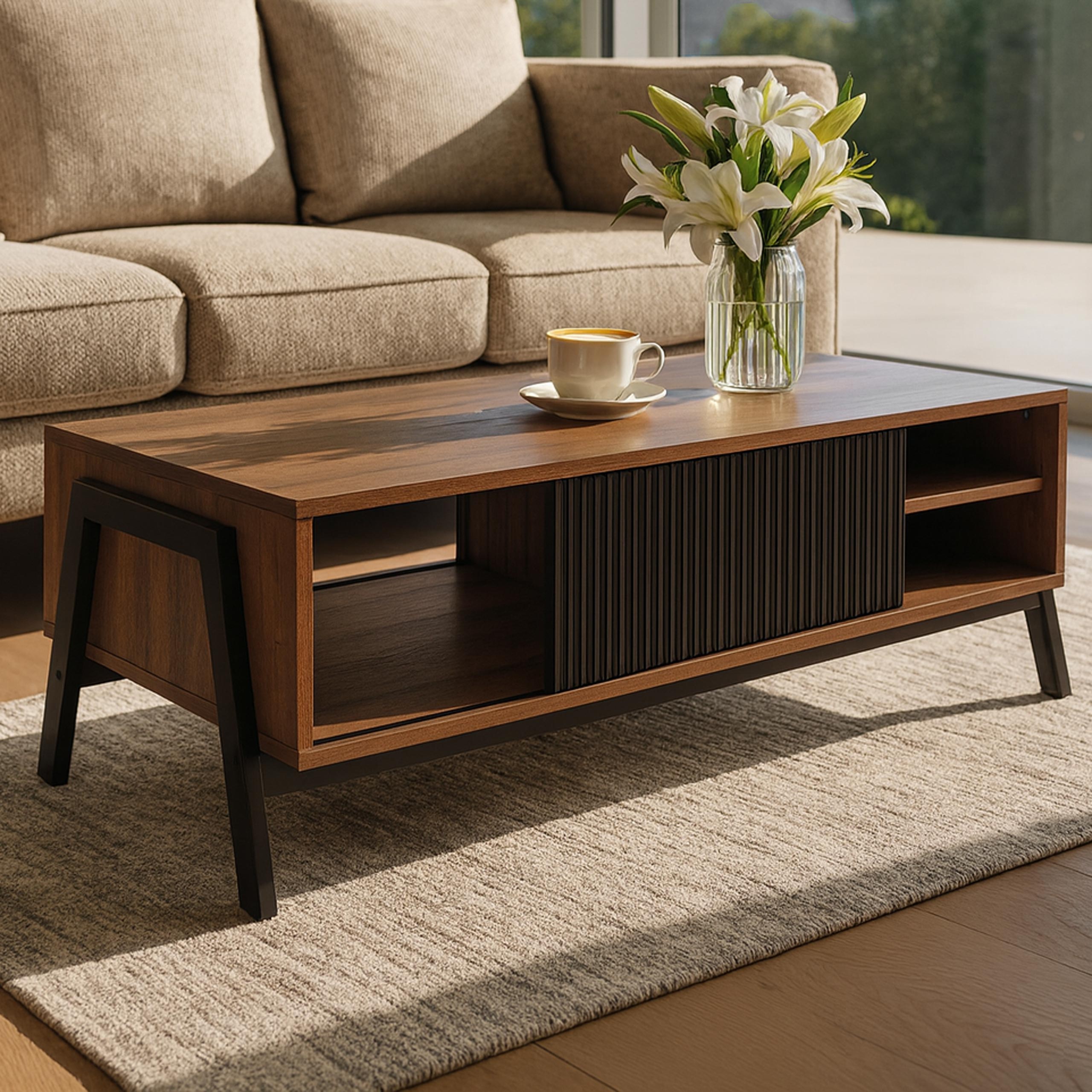 Couchtisch HWC-O40, Wohnzimmertisch Sofatisch, Staufächer Schiebetür MDF Metall Melamin 42x120x60cm ~ natur