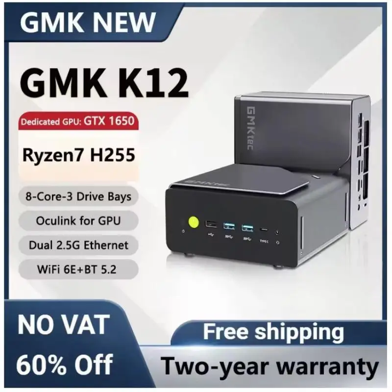GMKtec K12 Mini-PC AMD Ryzen AI 7 H 255 DDR5 5600MHz Triple M.2 PCIe 4.0 SSD OCuLink Dual 2.5GbE LAN WiFi 6 Bluetooth 5.2 Gaming-Desktop-Computer