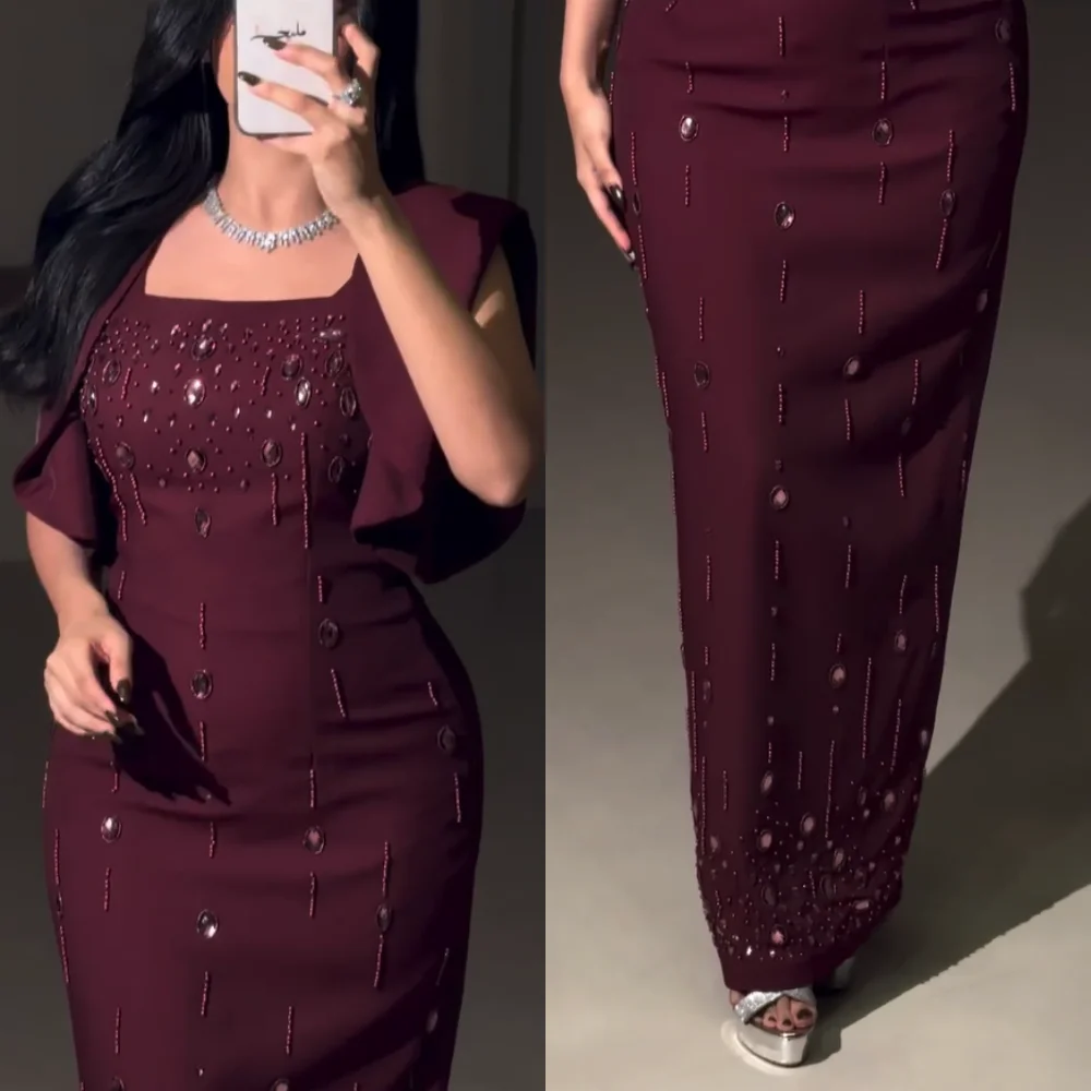 Customized Formal Jersey Pleat Sequined Pattern Straight Square Neck Long Evening Dresses Luxury 2025 Modern Style