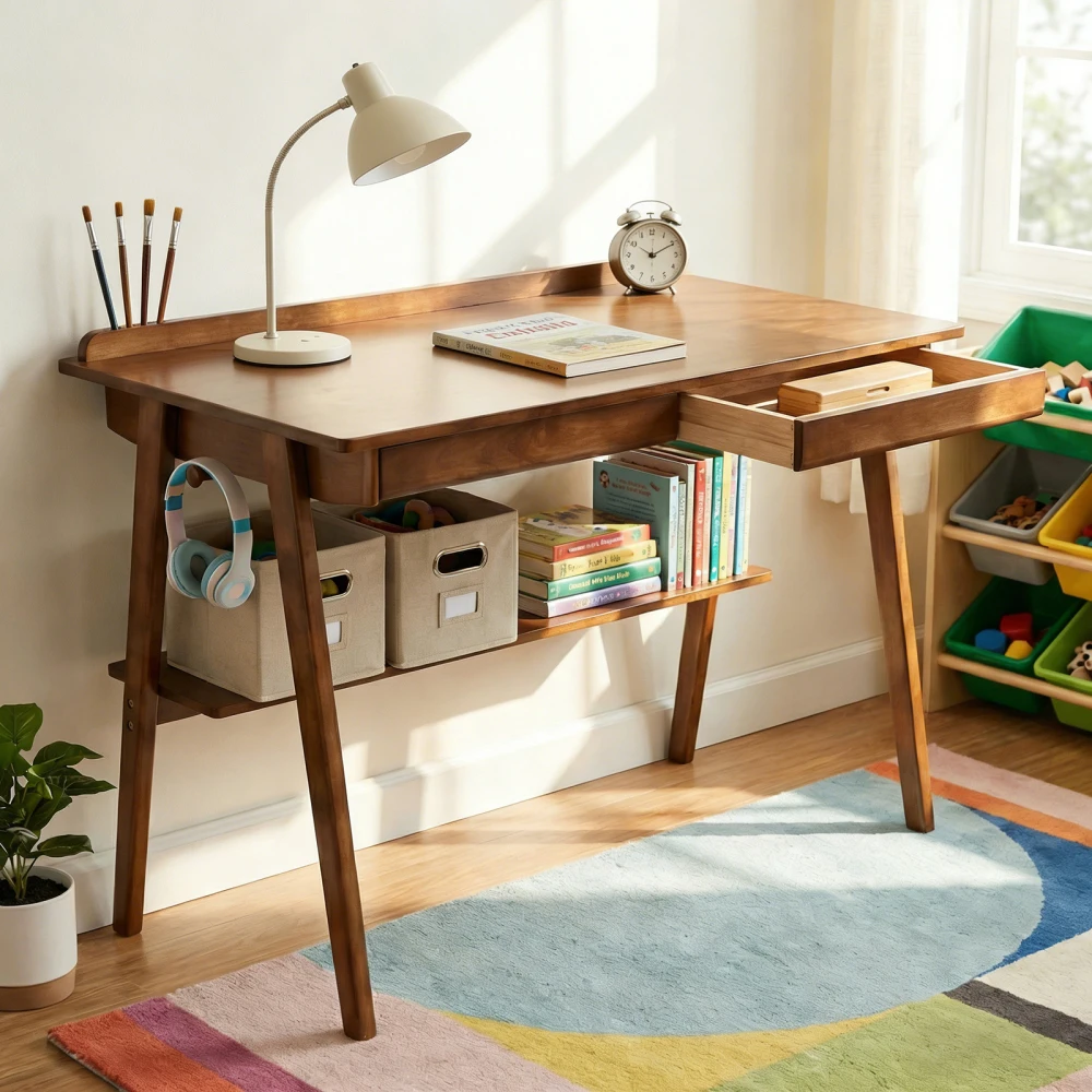 Massivholz-Schreibtisch im Mid-Century-Modern-Stil, kompakter Schreibtisch für das Home Office in kleinen Räumen, ausgestattet mit 2 Aufbewahrungsschubladen, offenem Ablagefach und multifunktionalen