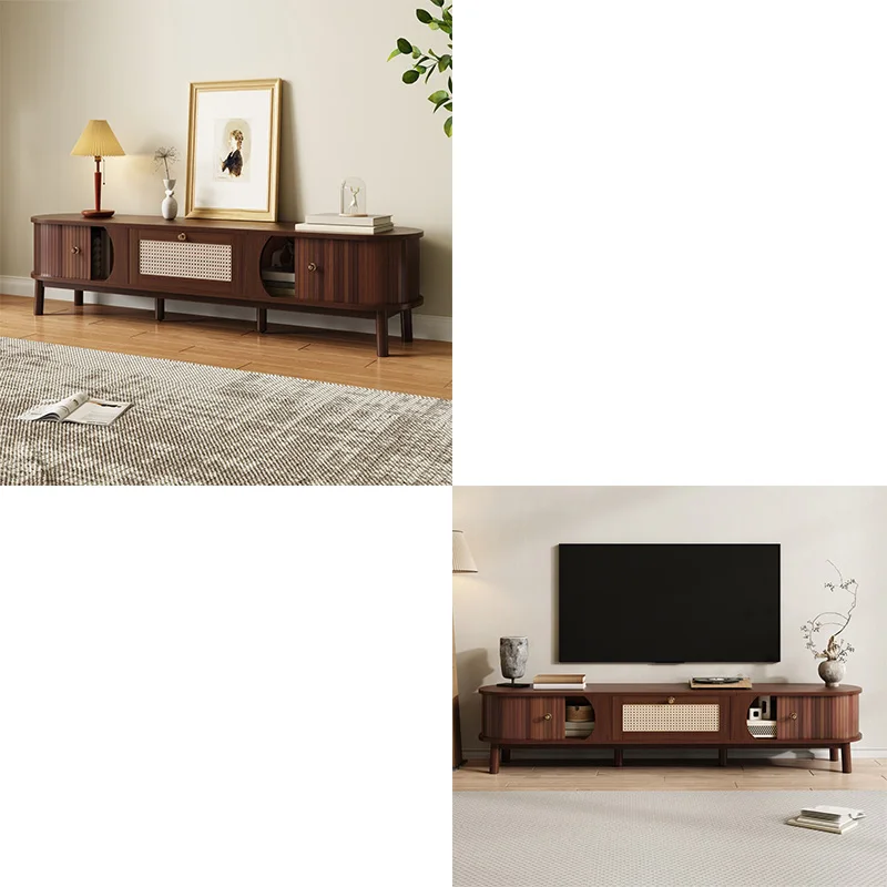 Meuble TV pour téléviseurs jusqu'à 65 pouces, meuble TV en noyer avec 1 tiroir et 2 portes battantes, console ovale, meuble de divertissement central avec façade effet. | Meuble TV en bois texturé,