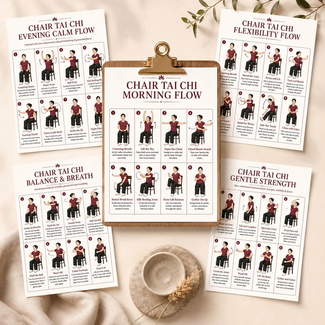 5pcs Chair Tai Chi Workout Guide for Beginners 8.0×11.0 inch Fitness Guide, Home Fitness Guide, Ideal Gift for Family Friends