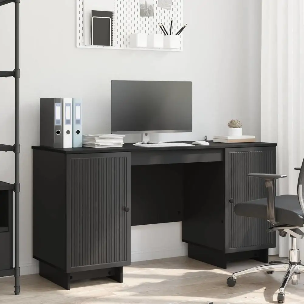 Moderner Home-Office-Schreibtisch, 142 cm, schwarzes technisches Holz mit Ablageflächen, minimalistisches nordisches Design, große Arbeitsfläche zum Lernen