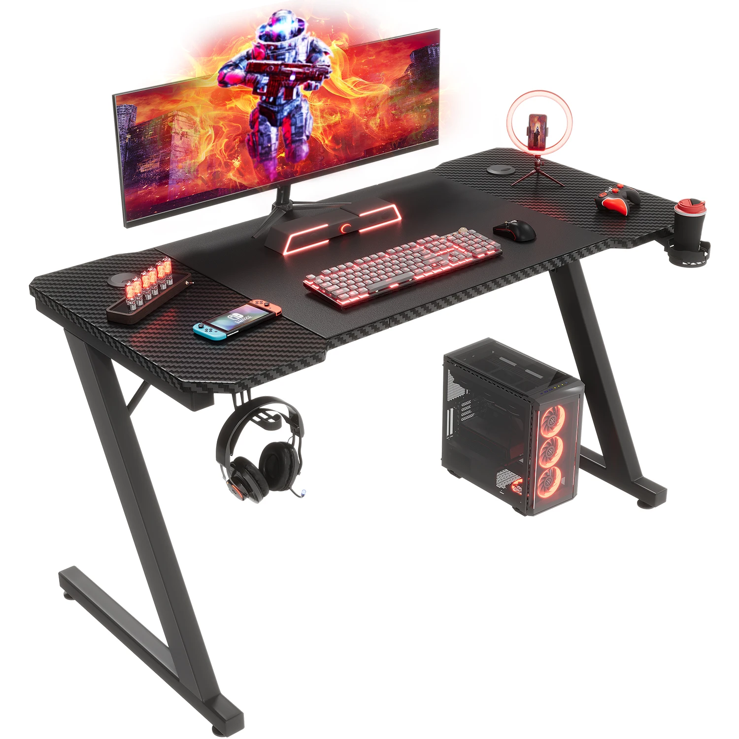 Devoko Gaming Tisch 120 x 60 cm, Gaming Schreibtisch, PC Tisch mit Kopfhörerhaken und Kohlefaserbeschichtung