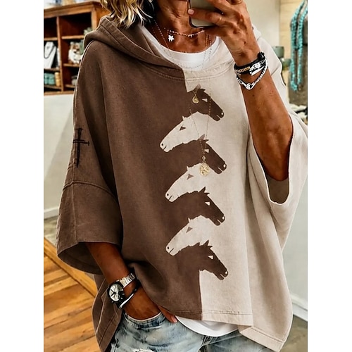 Damen Kapuzenpullover Tasche Druck Grafik Tiermotiv Vintage Lässig Boho Dreiviertelarm Mit Kapuze Lange Oberteile Lässig Straße Alltagskleidung Braun Frühling Herbst Winter