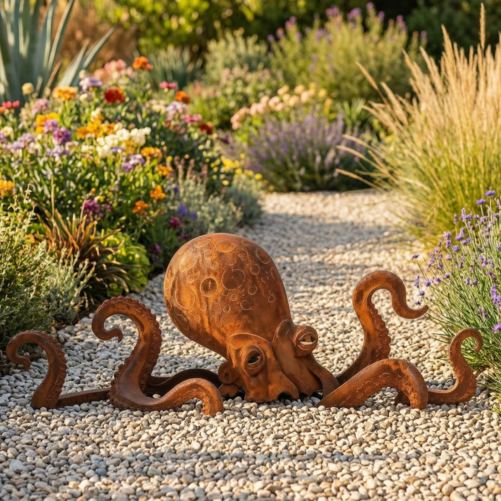 Sculpture de calmar en métal avec patine de rouille, statue de jardin en acier, art marin pour jardin, décoration de jardin côtier pour jardiniers, parterres de fleurs