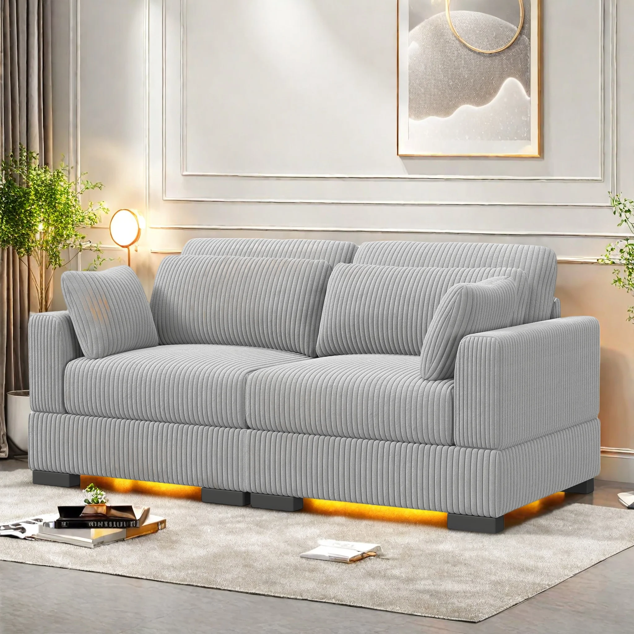 Cord Sofa 2 Sitzer, 88cm Breit Sofas, Bequemes Couch 58CM Extra Tiefe Sitze, Schlafsofa Klein Klappsofa Sofa 2 Sitzer, Big Sofa Couch mit 2 Sessel, für Wohnzimmer & Schlafzimmer, Grau