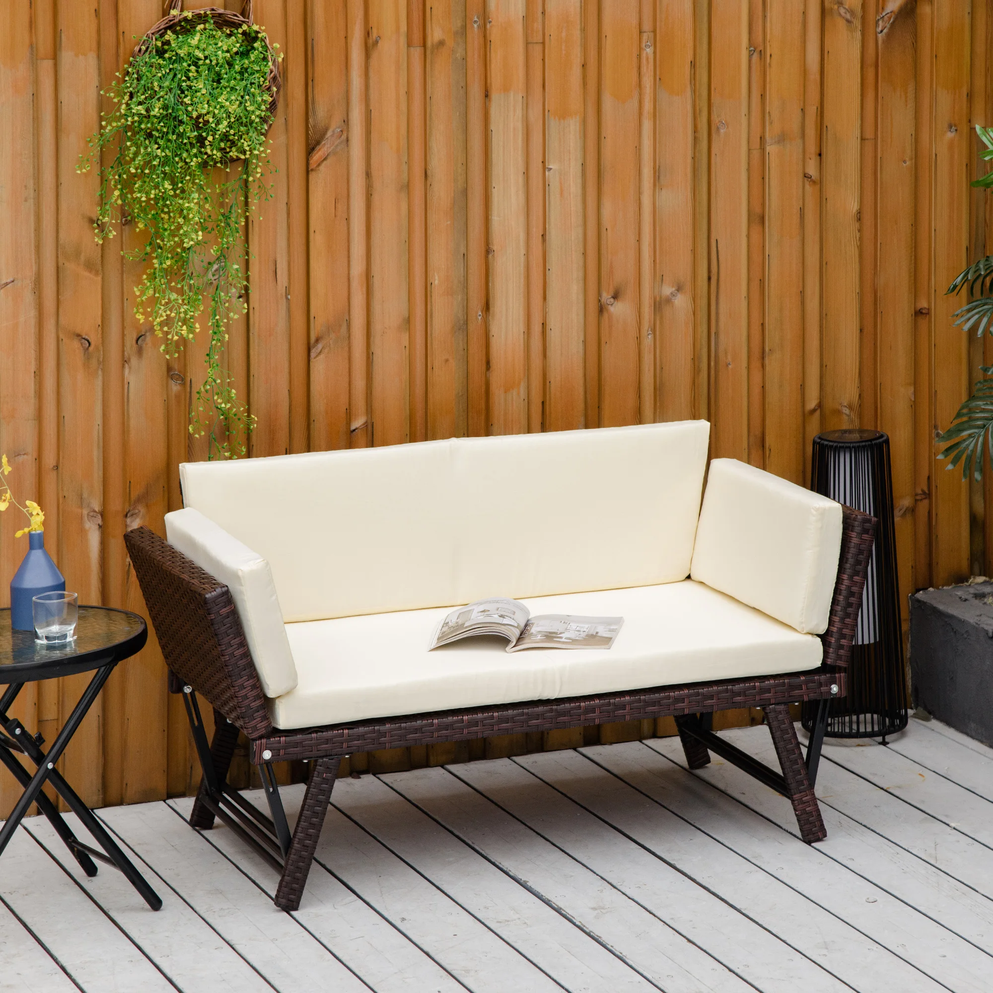 Canapé de jardin en polyrotin 2 places, mobilier de jardin, canapé lounge, banc de jardin, chaise longue de jardin, accoudoirs pliants, acier marron, 129x63x67 cm