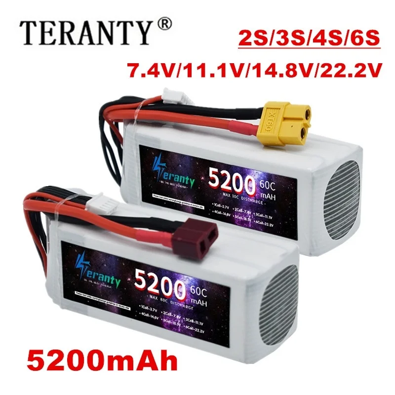 TERANTY 2S 3S 4S 6S 5200MAH 60C Lipo Battery 7.4V 11.1.V 14.8V 22.2V For RC FPV Airplane Helicopter Drone Tank Model RC Hobby