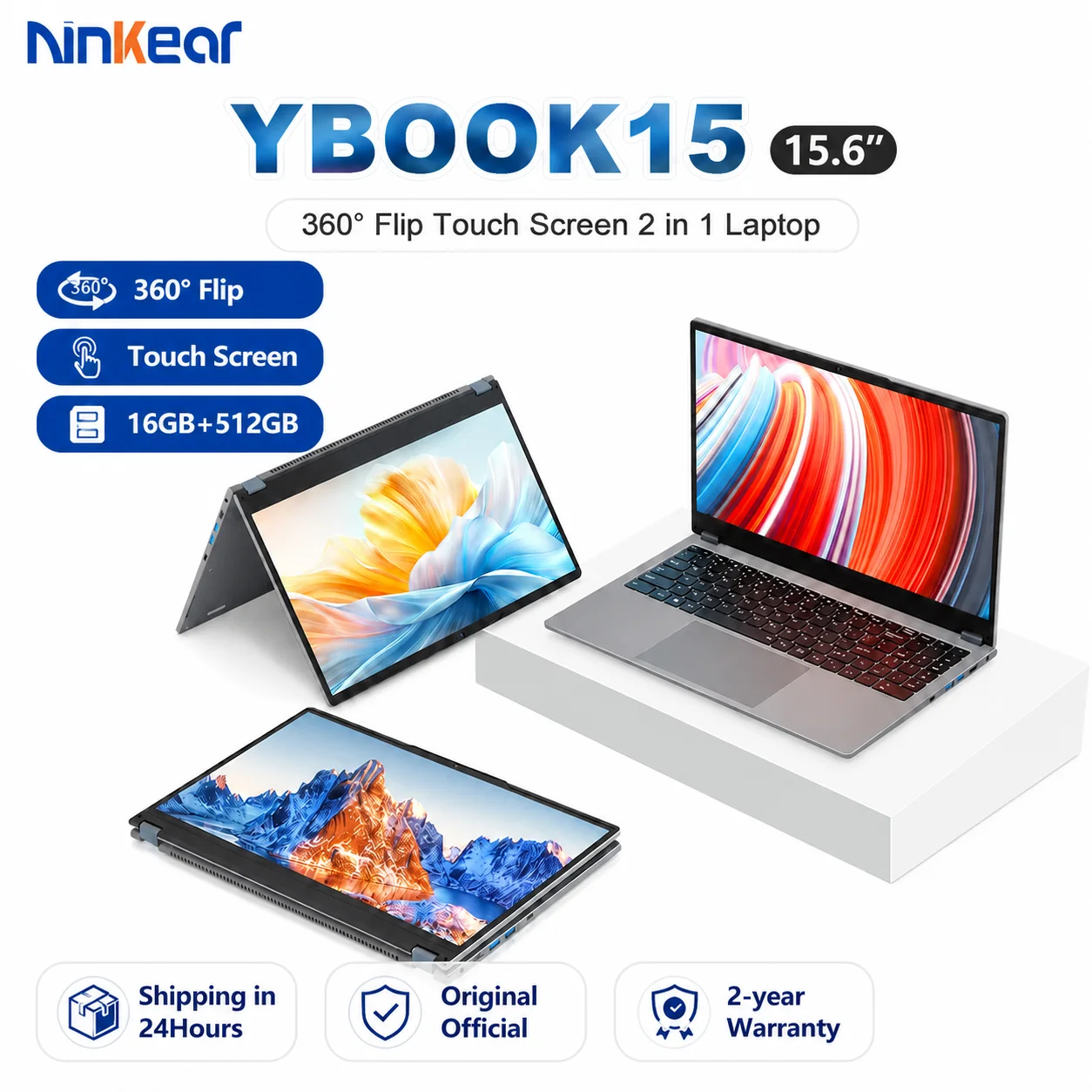 Ninkear YBOOK15 Ordinateur portable 2-en-1 15,6 pouces AMD Ryzen 3 3250U 16 Go de RAM DDR4 512 Go de SSD Ordinateur portable convertible 360 ° Écran tactile rabattable FHD, carte graphique Radeon