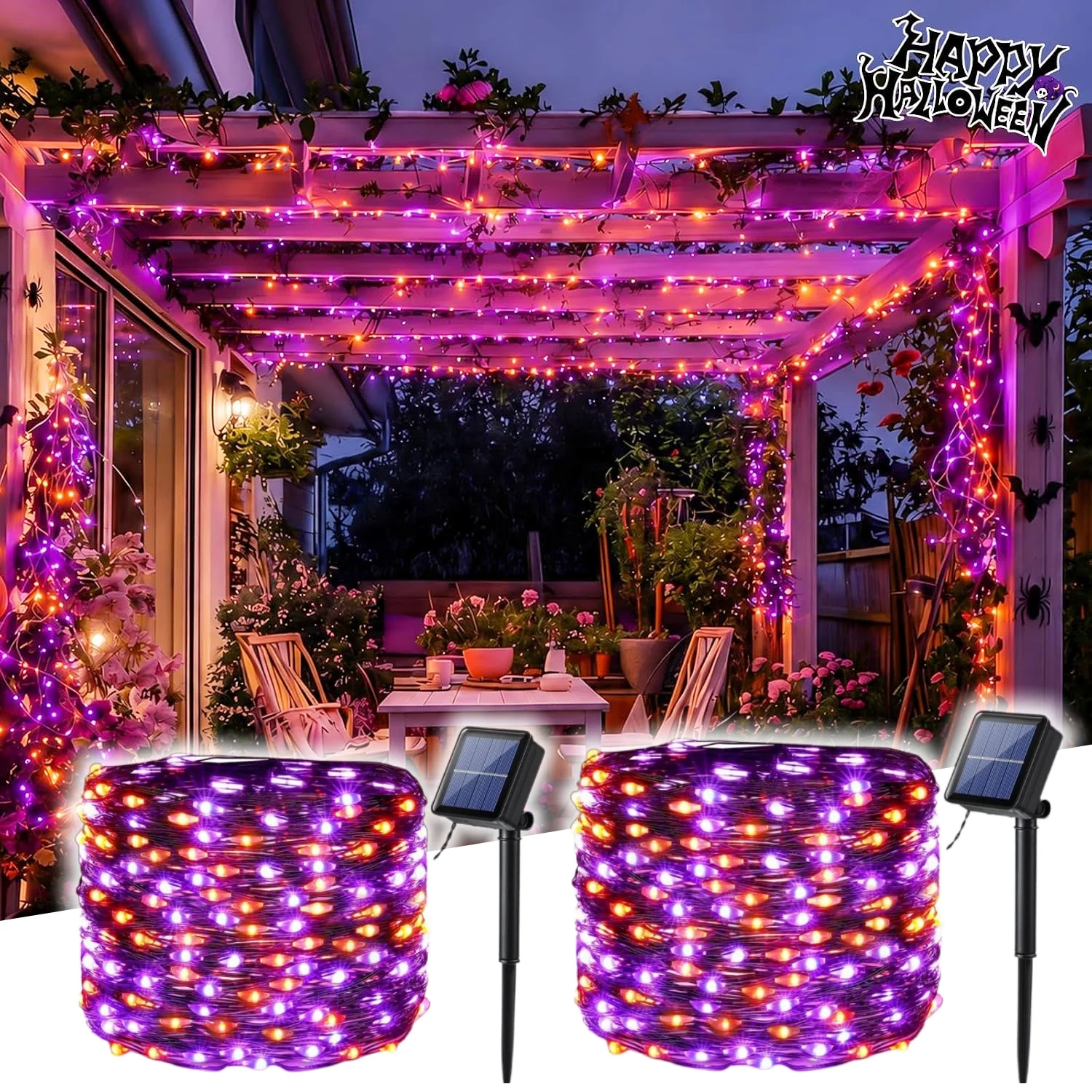Halloween LED Solar-Kupferdraht-Lichterkette für Außen, Wasserdicht, Orange-Lila Feenlichter für Garten, Veranda, Hof und Partydekoration