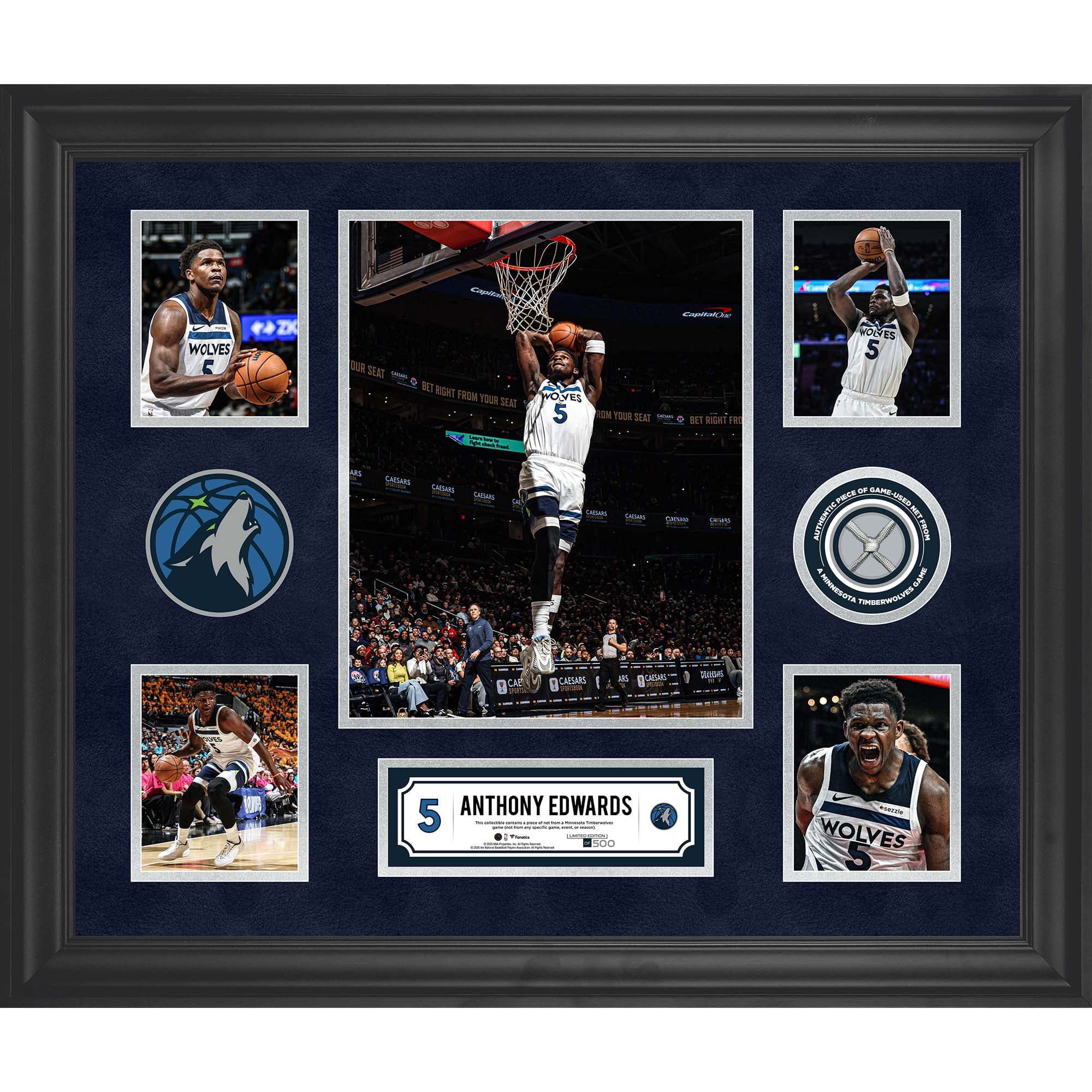 Anthony Edwards Minnesota Timberwolves Gerahmte 5-Foto-Collage mit einem Stück Spielnetz - Limitierte Auflage von 500 Stück