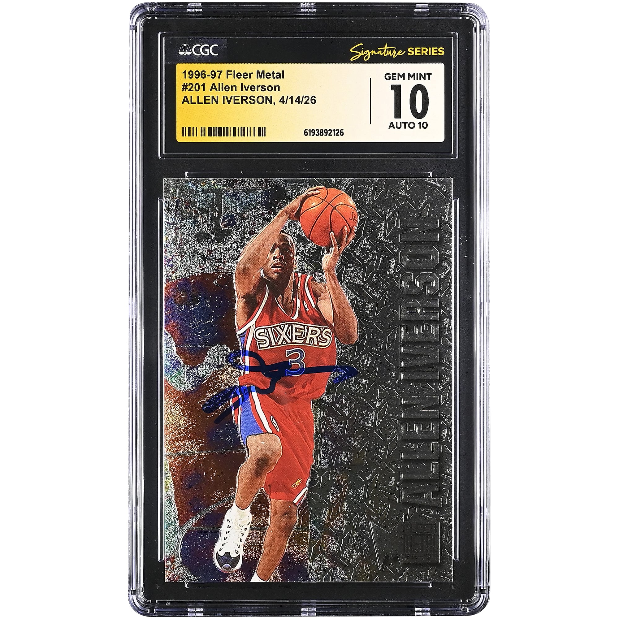Allen Iverson Philadelphia 76ers Autogrammkarte 1996-97 Fleer Metal #201, CGC Fanatics Witnessed Authenticated 10/10 Rookie Card