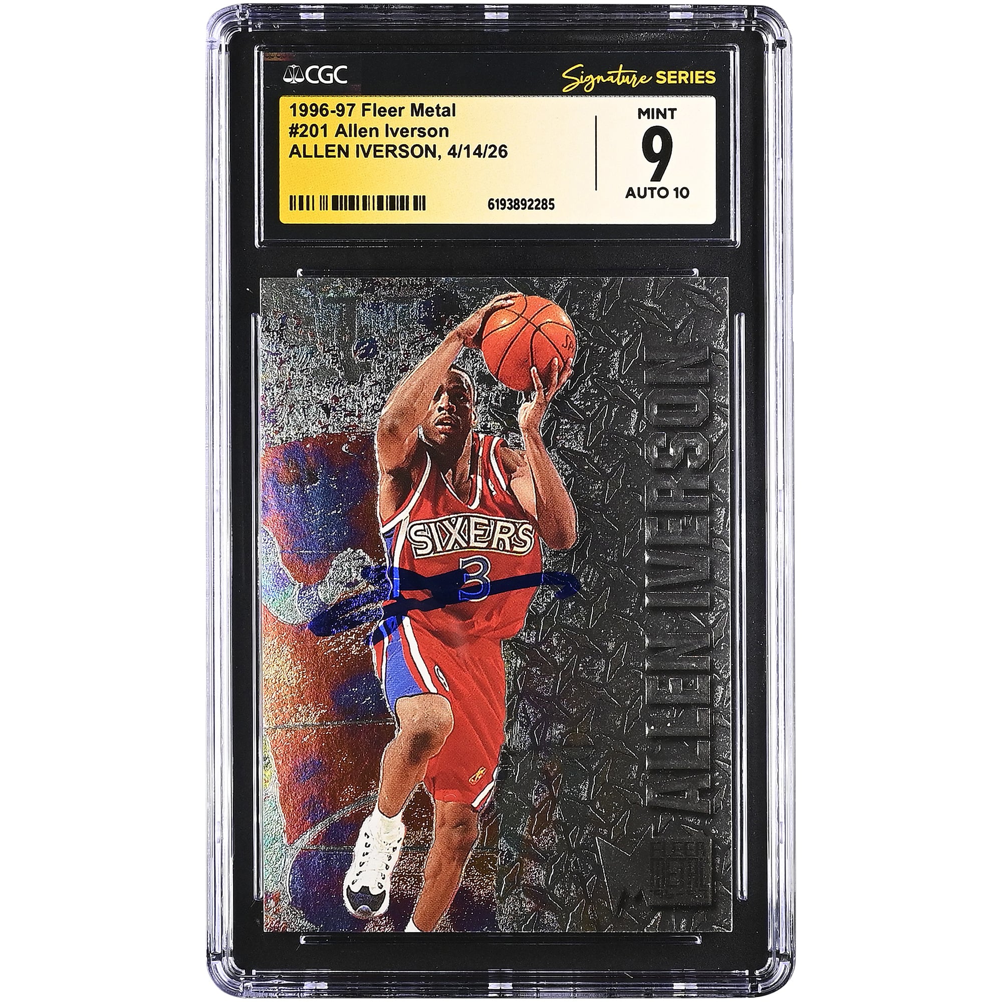 Allen Iverson Philadelphia 76ers Autogrammkarte 1996-97 Fleer Metal #201, CGC Fanatics Witnessed Authenticated 9/10 Rookie Card