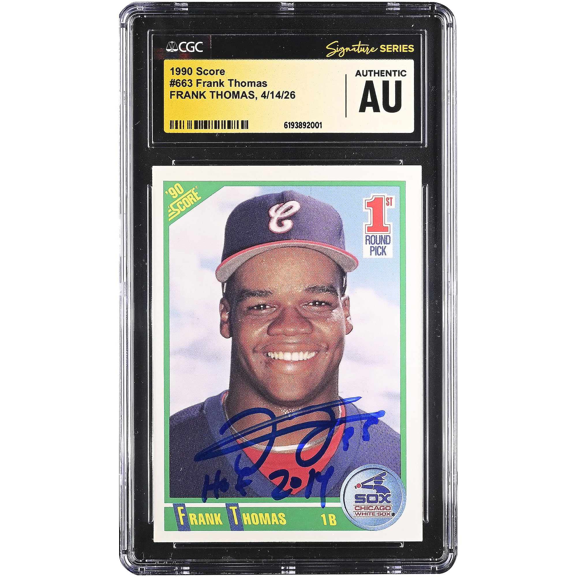 Frank Thomas, Chicago White Sox, signierte Rookie-Karte von 1990 (Score #663), CGC Fanatics Witnessed Authenticated, mit der Inschrift „HOF 2014“.