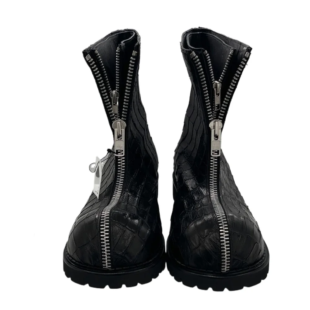 Punk Herren-Motorradstiefel aus echtem Leder, Damen-High-Top-Lederschuhe, Big Head Mid-Calf-Stiefel mit Krokodilmuster, Westernstiefel mit Reißverschluss
