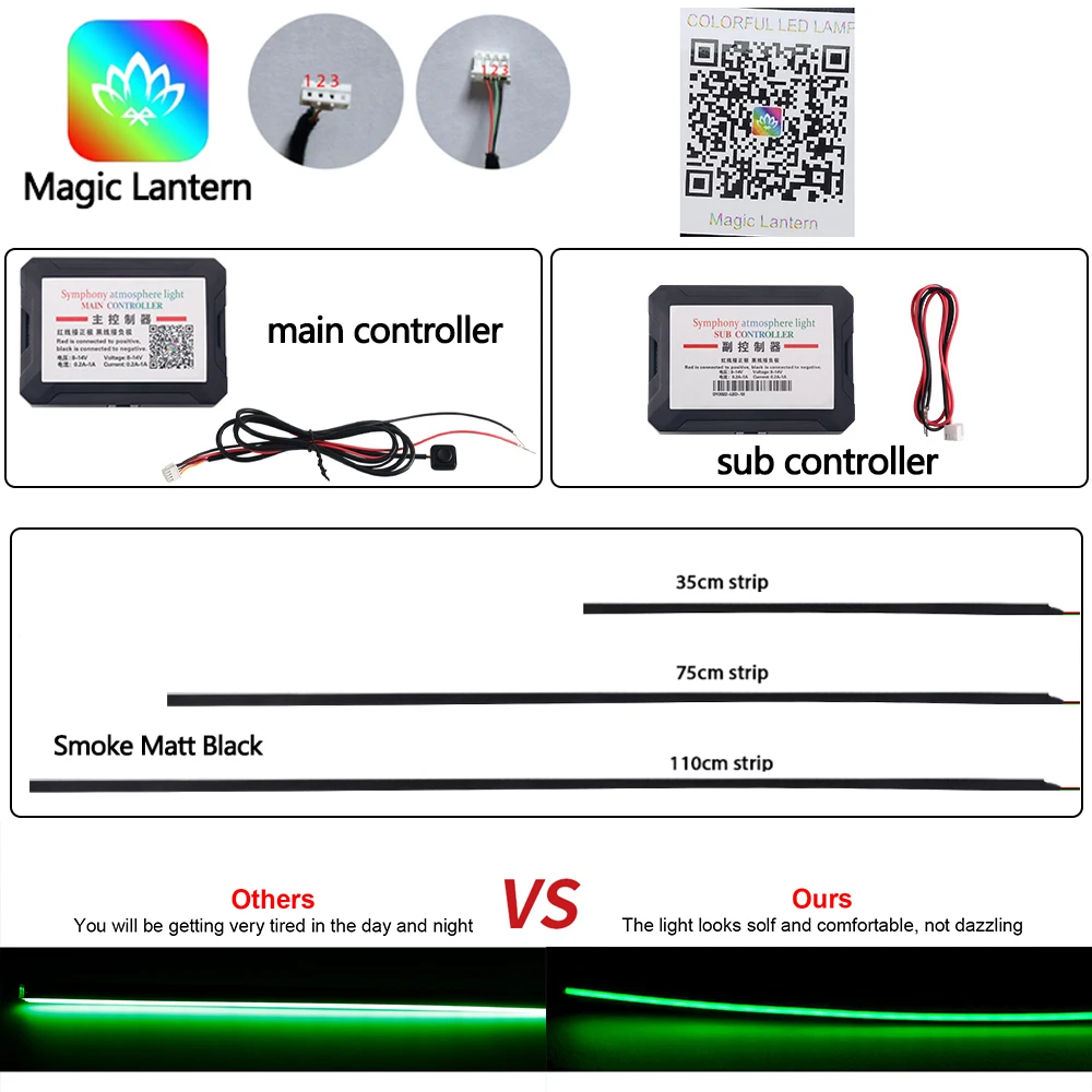 Magische Laternen-App für Auto-Innenraumbeleuchtung, Ambiente-Symphonie, 213 Farben, Streamer, Regenbogen-Rauch, Matt-Schwarz, Streifen-Dekoration, Zubehör, 3 Drähte