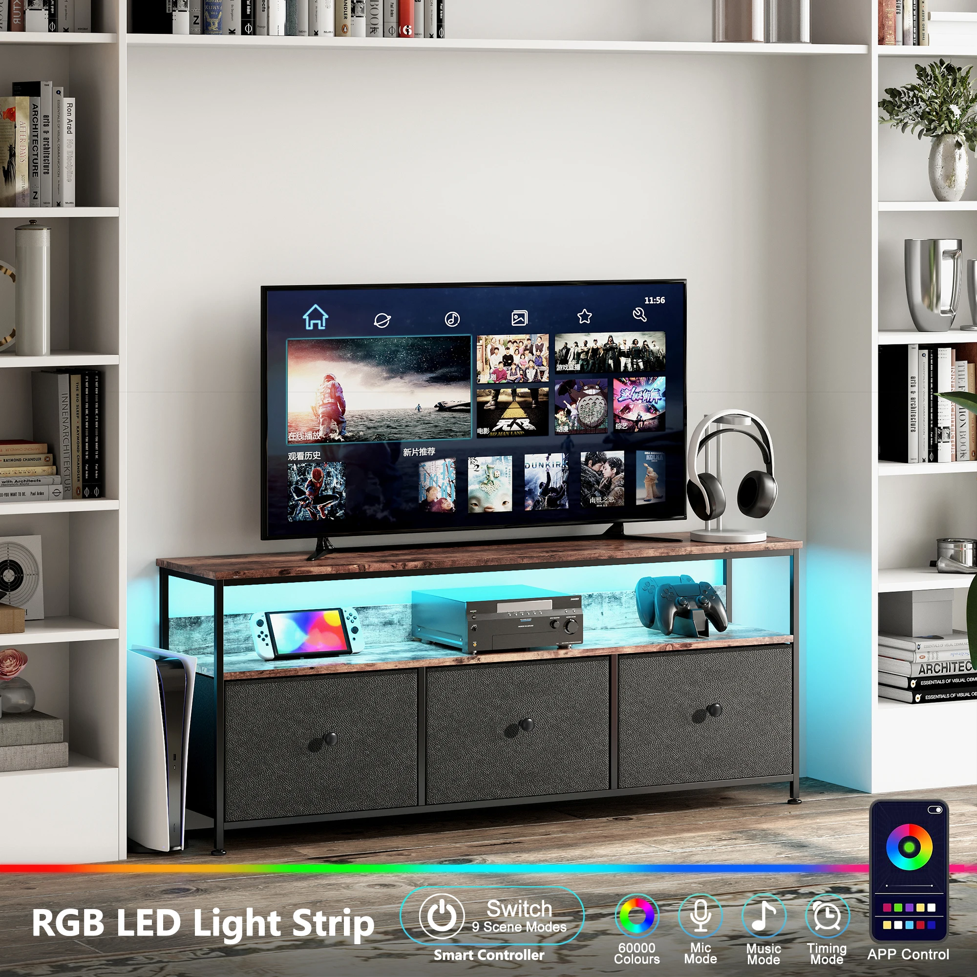 Anajqaqia, Meuble TV multifonctionnel 108/137 × 29.8 × 57 cm, Meuble de rangement pour salon, Meuble à deux niveaux avec étagères ouvertes, Meuble de rangement, Meuble home cinéma, Meuble de rangement