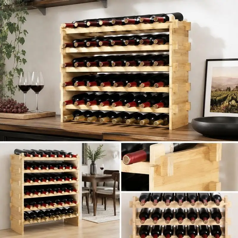 Casier à vin pour 48 bouteilles, casier à bouteilles en bambou avec 6 compartiments, casier à vin vintage en métal empilable pour cave, bar, entrepôt, etc. Porte-bouteilles, casier à vin, capacité de