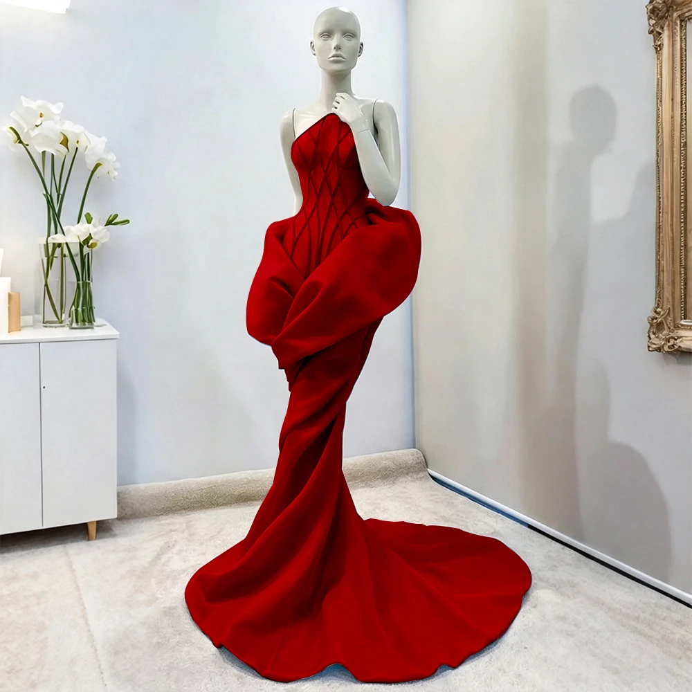 2025 Elegant Formal Dress Satin Sleeveless Strapless Sheath Custom Made Ball Gown Illusion Red Simple Wedding Evening Dress