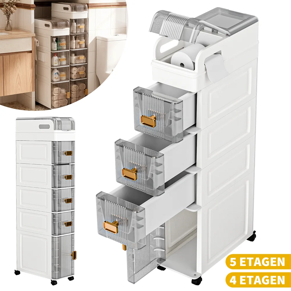 4/5-stufiger schmaler Aufbewahrungsschrank, Badezimmerschrank, Kunststoff-Aufbewahrungsschrank mit Tür, schmale Unterseite, für kleine Räume, einfach zu montieren, vielseitig einsetzbar.