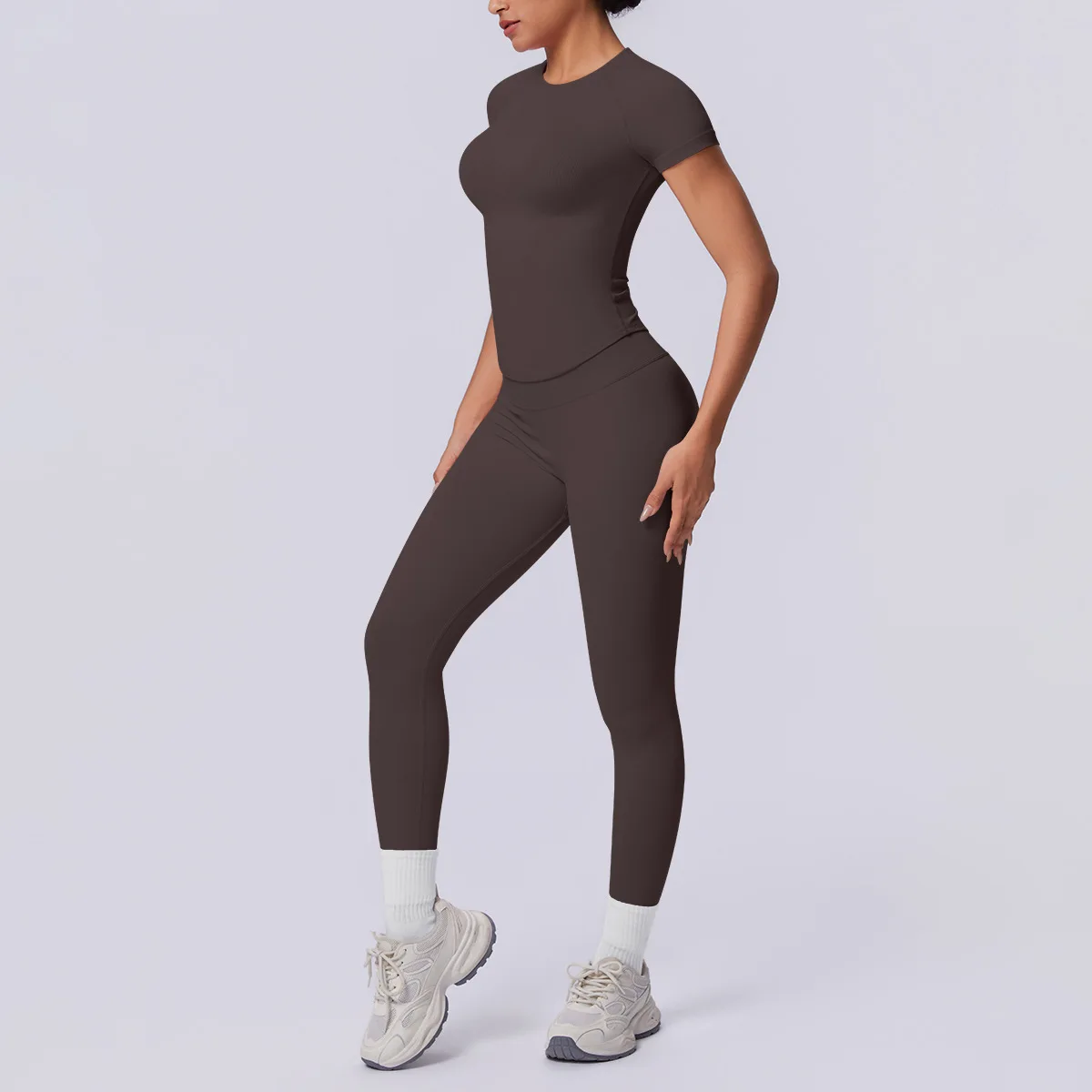 Vêtements pour femmes, ensemble de yoga sans coutures 2 pièces, tenue de sport pour la salle de sport, ensemble de fitness avec manches courtes et leggings taille haute, tenue de sport