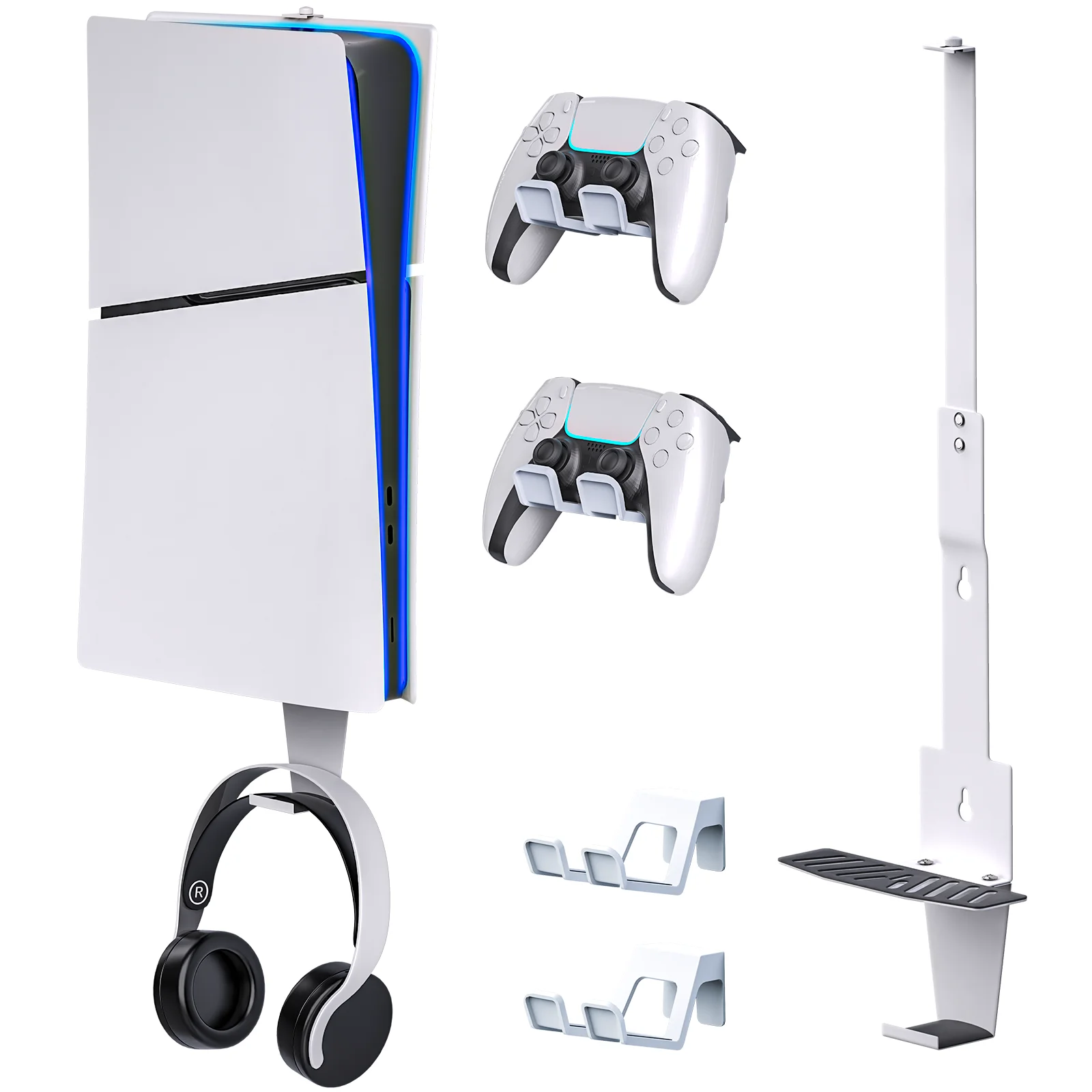 For PS5/PSPro/PS Slim Console Holder Wall Mount Storage Stand with 2 Game Controller Headset Hook Bracket For PlayStation 5