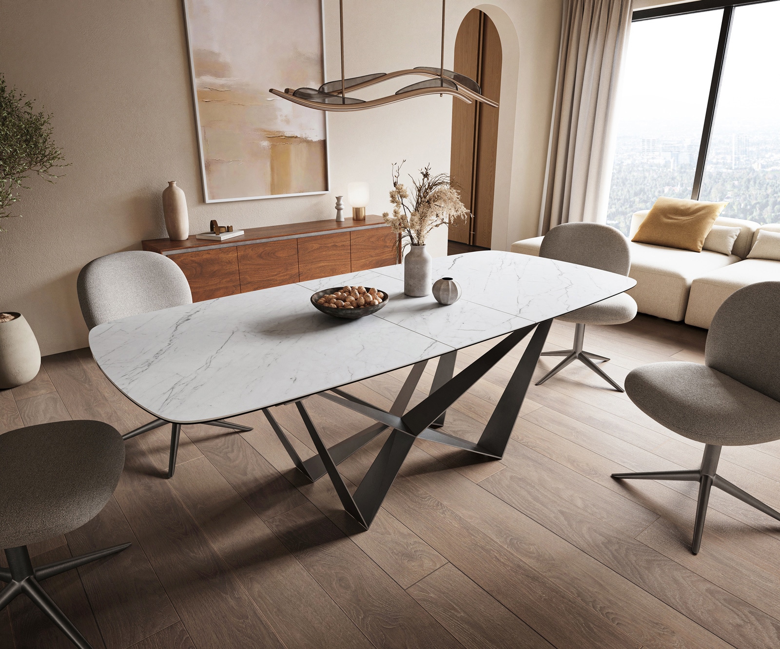 DELIFE Esstisch Edge Boot 180-220x100 cm Keramik Laminam® Statuarietto Weiß Spider Flachstahl Edelstahl Graphit ausziehbar, Esstische