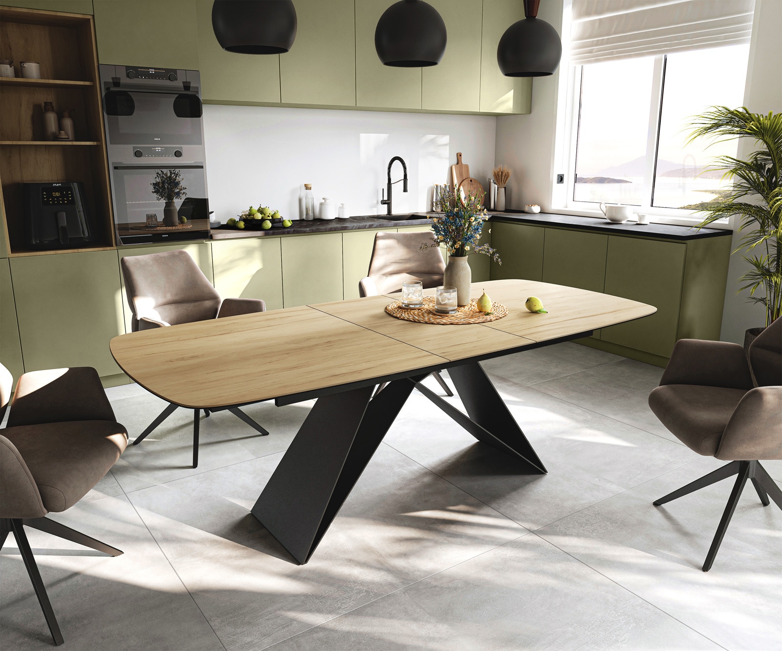 DELIFE Esstisch Edge Boot 180-220x100 cm Keramik Laminam® Sabbia Eichefarbig V-Gestell Flachstahl Schwarz ausziehbar, Esstische