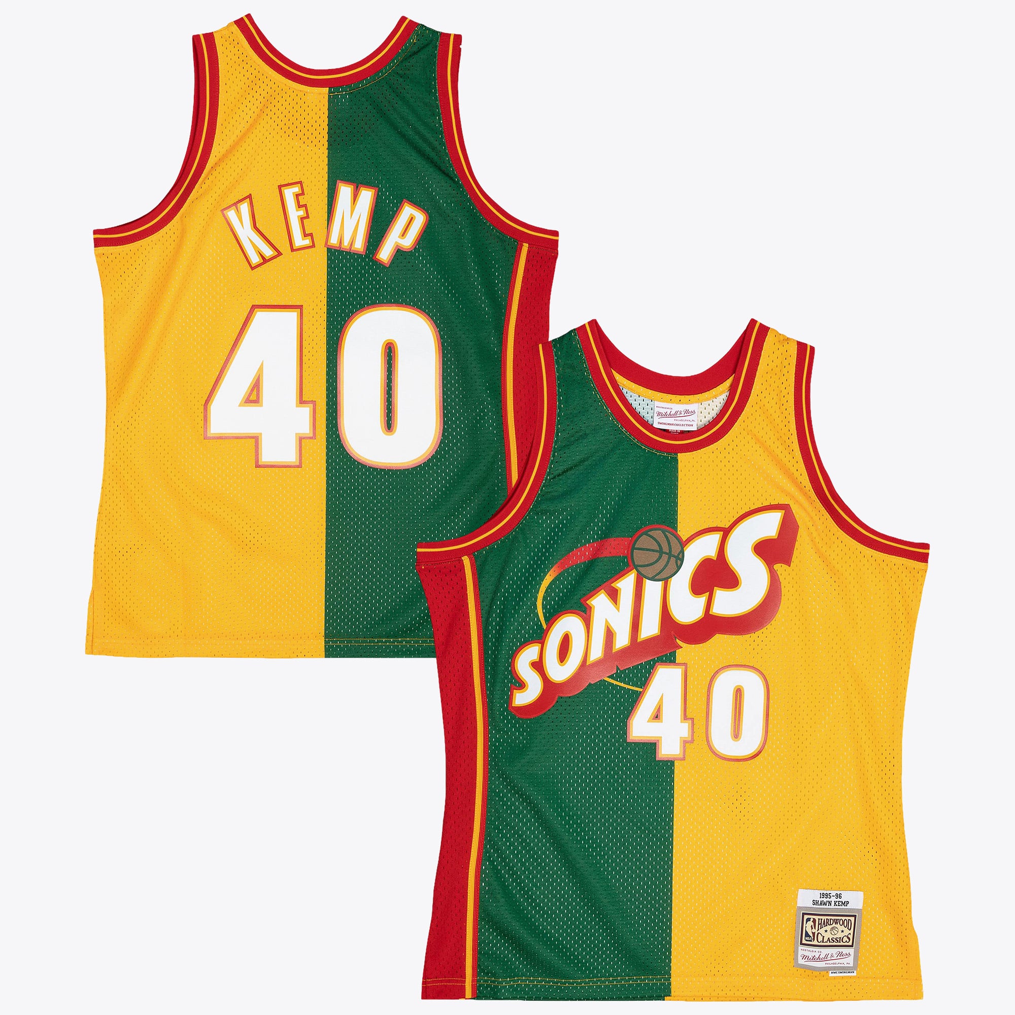 Seattle Supersonics Mitchell & Ness Shawn Kemp 1995 Maillot Swingman Split – Vert/Jaune - Homme Taille: XL