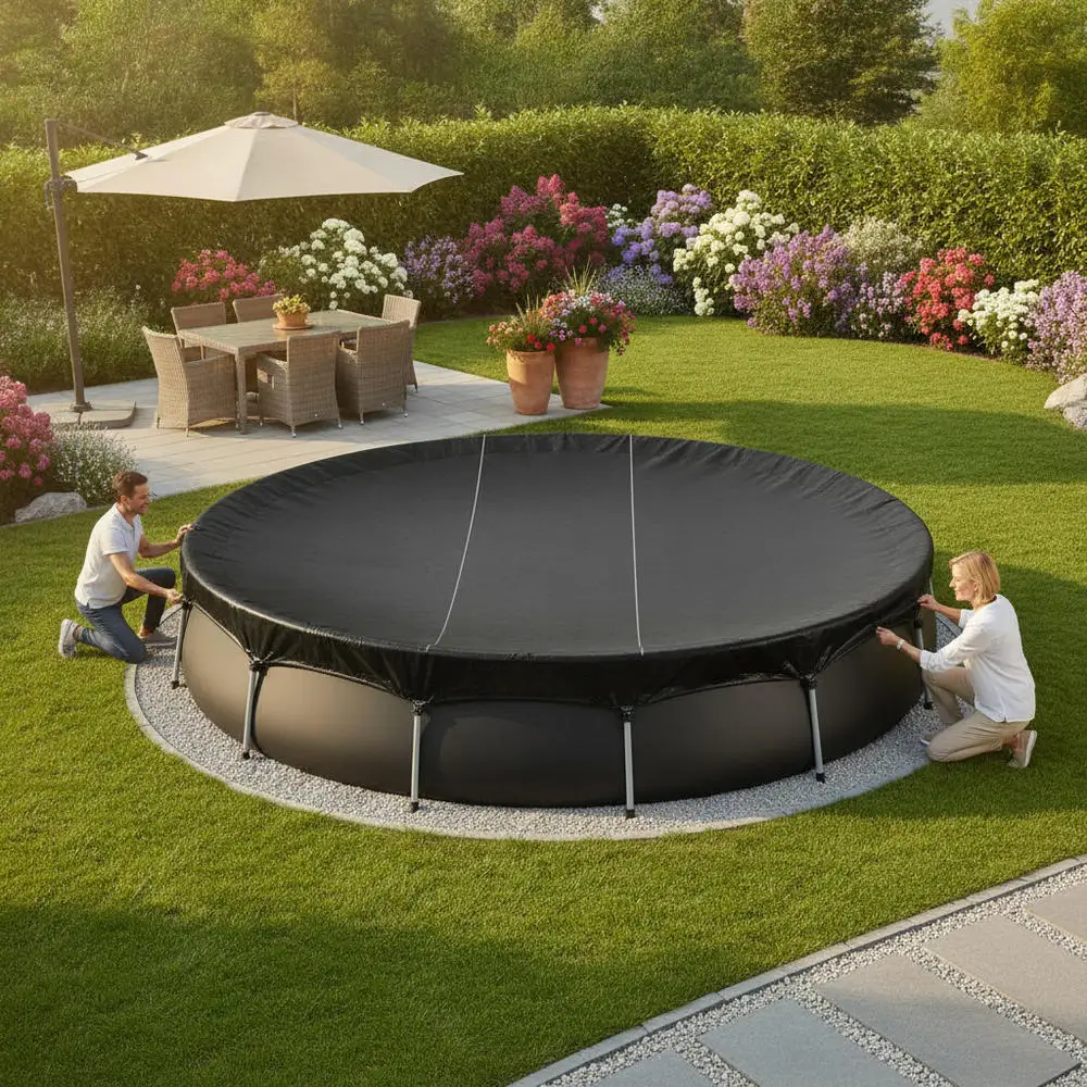 Couverture de piscine noire Ø 396 x 0,2 cm en tissu non tissé pour piscine hors sol, piscine enterrée, piscine privée, protection UV, résistante à l'humidité, épaisseur uniforme, empêche la