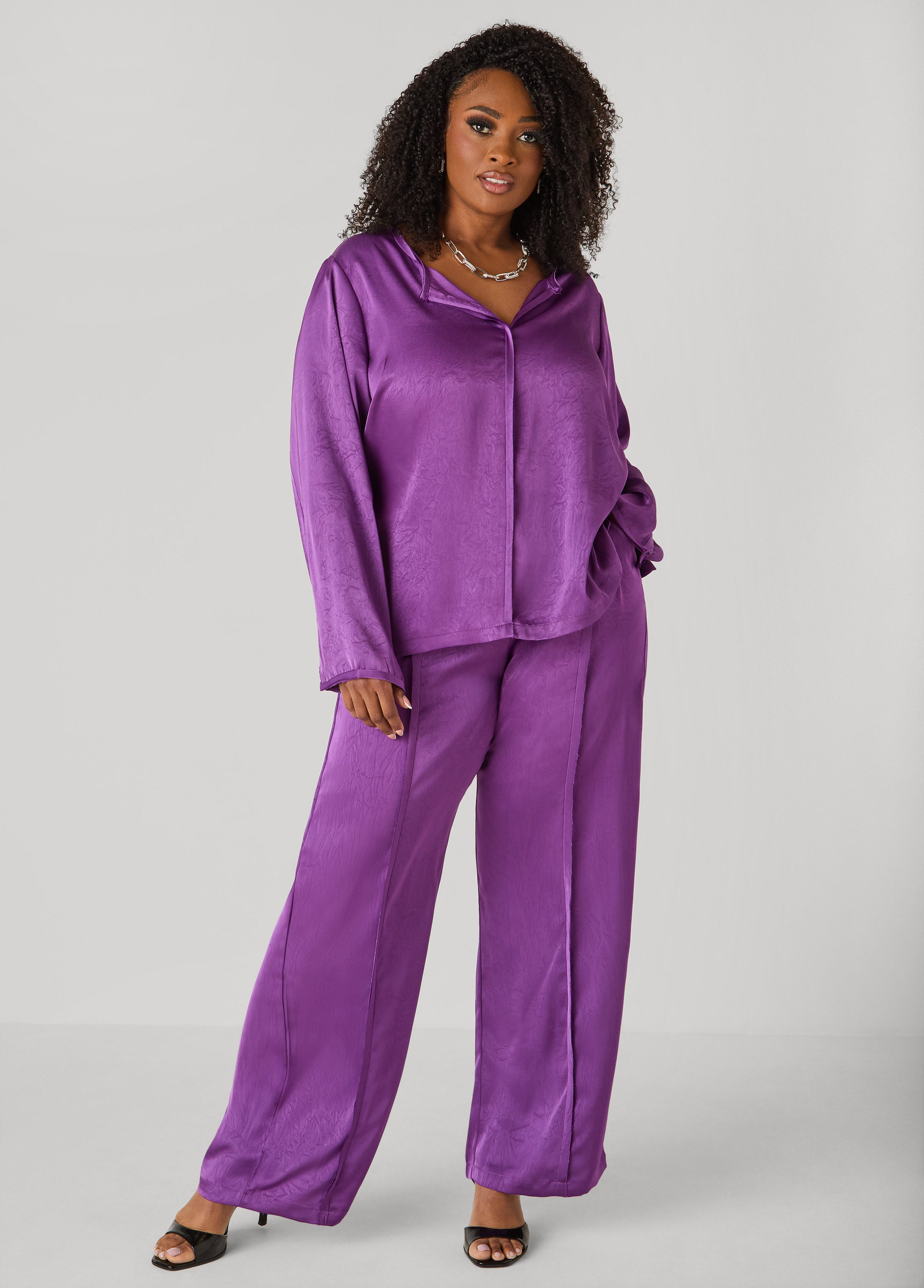 Plus Size Crushed Satin Wide Leg Trousers