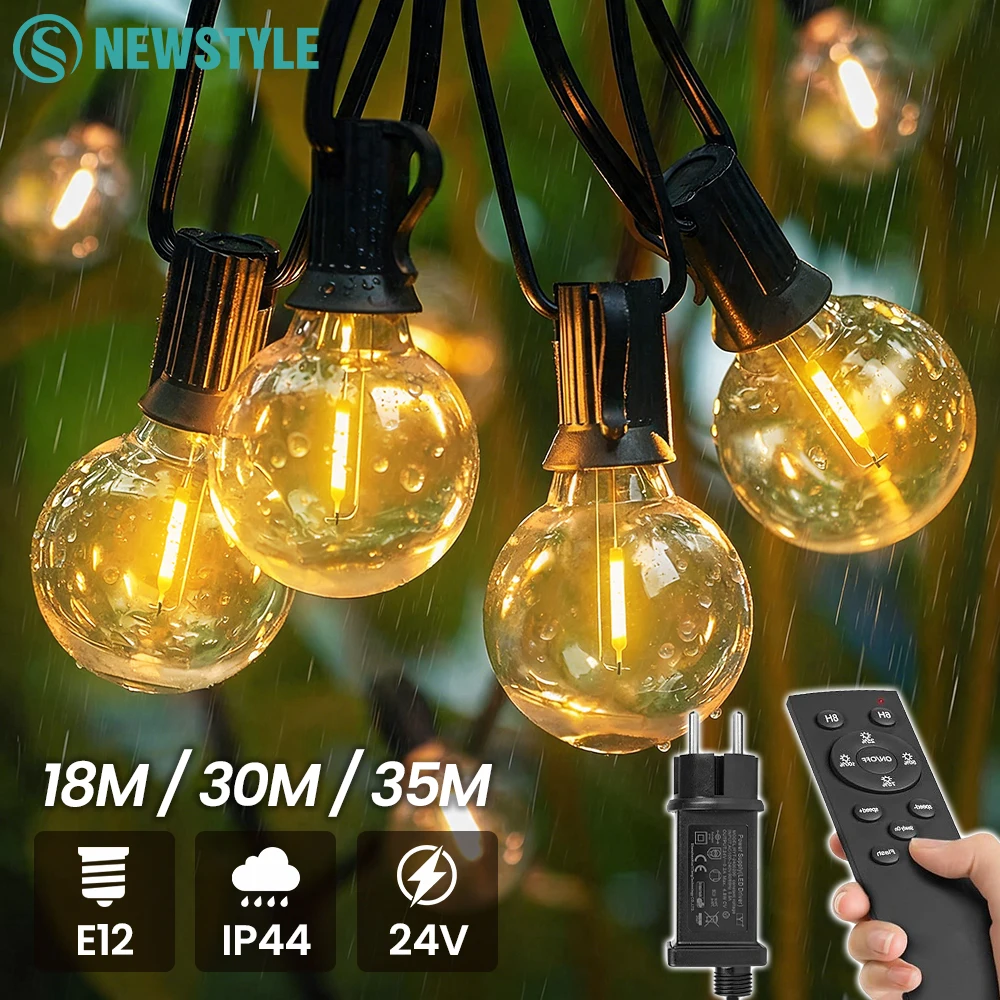 Außen-Lichterkette mit Fernbedienung Niederspannung 24V Dimmbar 2700K Warmweiß Timer & 3 Modi G40 Glühbirnen Lichterkette für den Garten