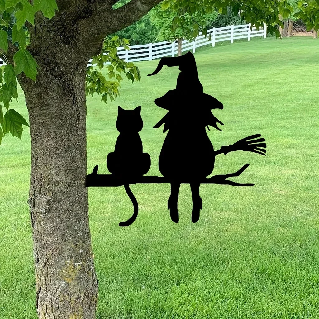 Silhouette en fer de sorcière et chat mignons, décoration de jardin sur branche, décoration d'art de jardin, à enficher sur le souche d'arbre, pour jardin, pelouse, cour